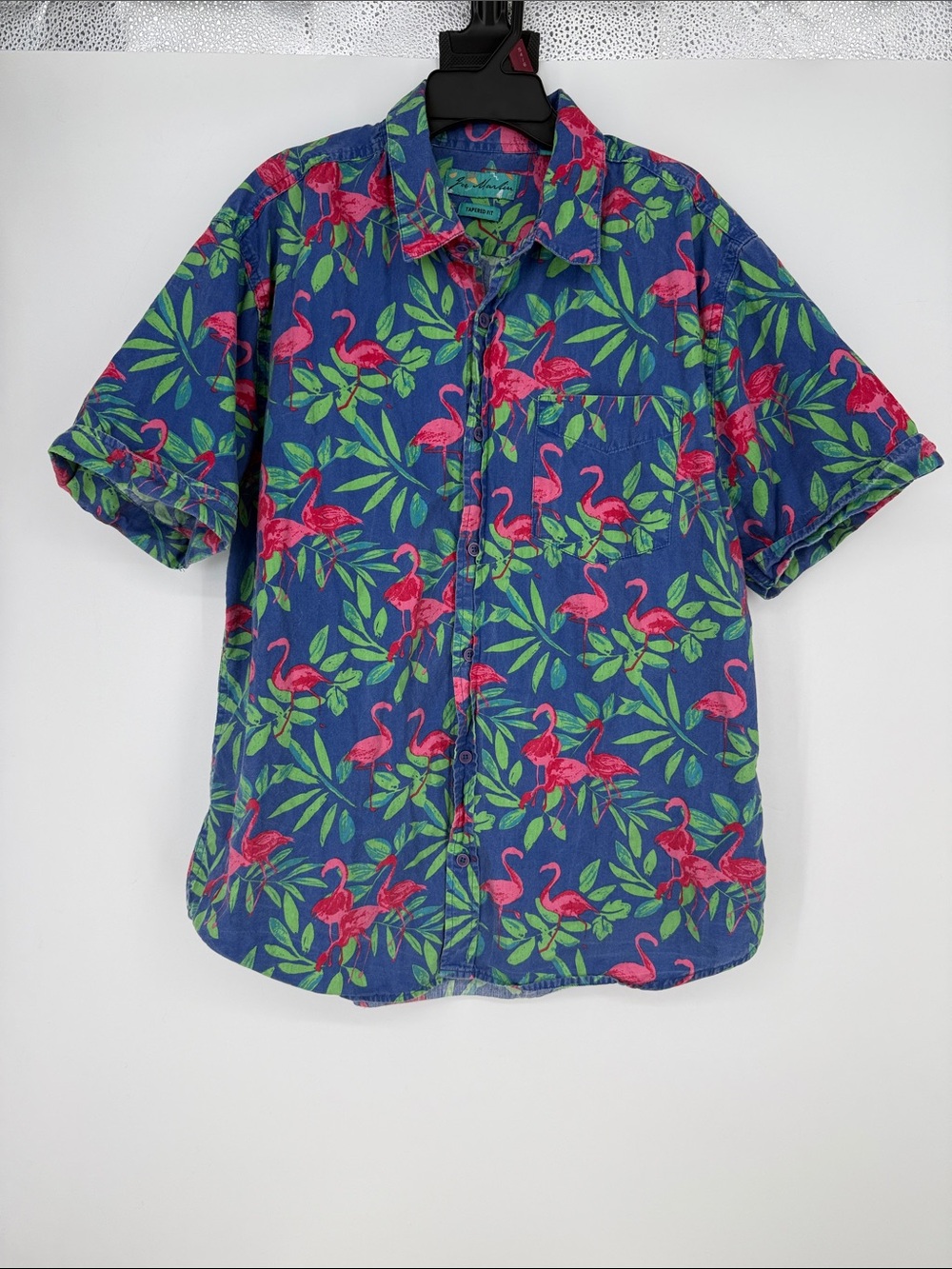 Joe Marlin brand tapered fit tropical flamingo print button up short sleeve Sz L